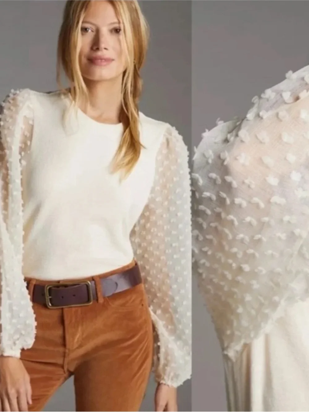 Anthropologie Maeve Textured Long Sleeve Cream Ivory Bubble Sleeves Top